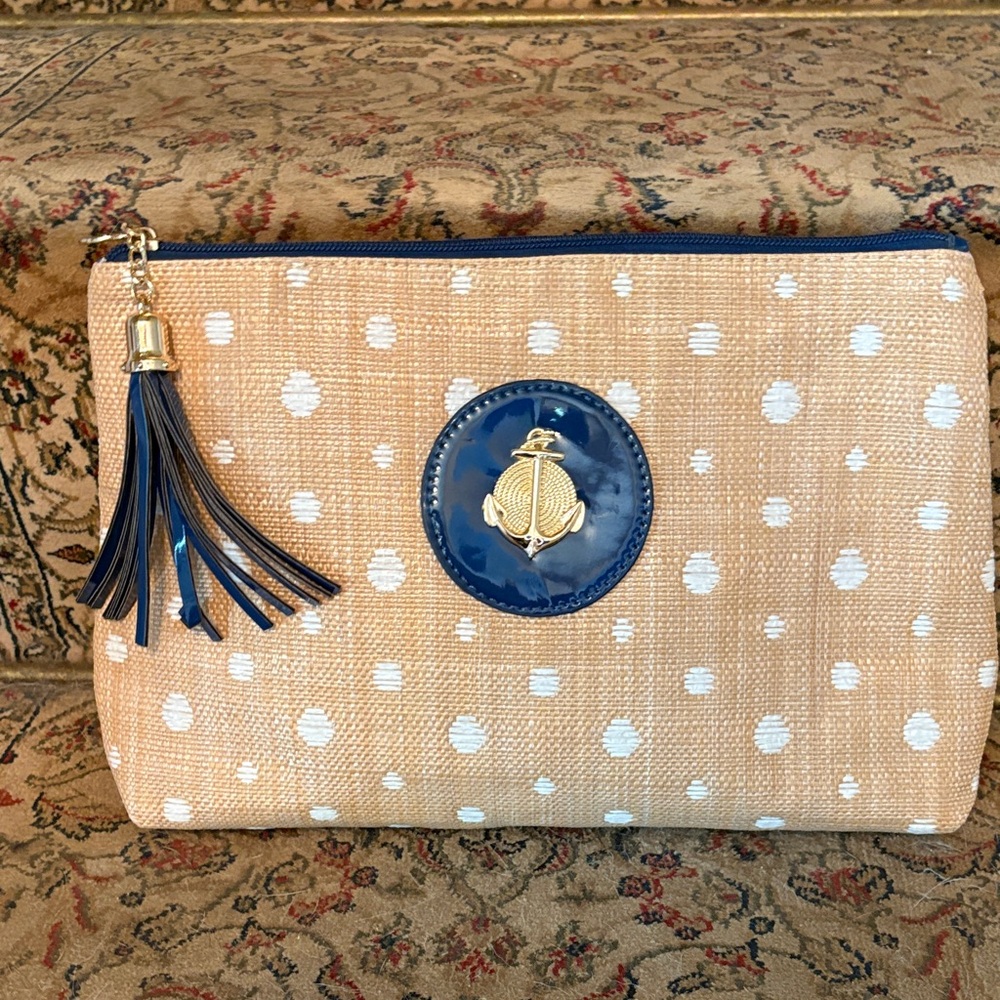 Bosom Buddies - Elegant Tan and Navy Polka Dot Cosmetic Bag